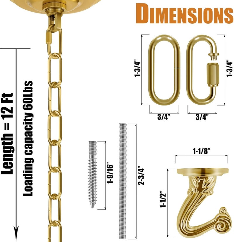 Omytie 12 Ft Heavy Duty Hanging Chain Kit with Connection Locks & Swag Ceiling Hooks for Lighting Fixture, Chandelier, Pendant, Lantern, Swag Lamp, Plant/Flower/Fruit Basket, Bird Feeder (Brass) - Image 3